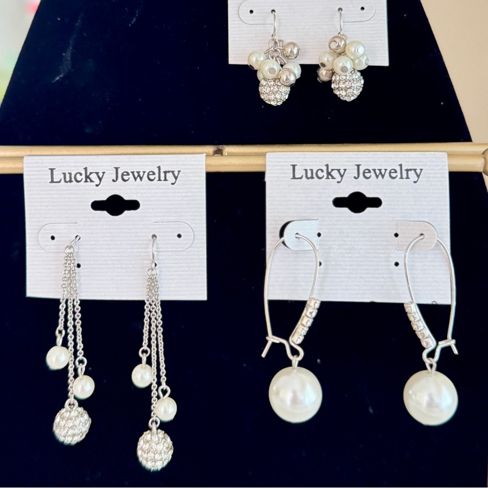 3 pairs Faux Pearl in Silver Tone Earrings Set